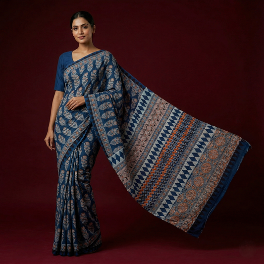 Indigo Hand Blocked Ajrakh Cotton Saree