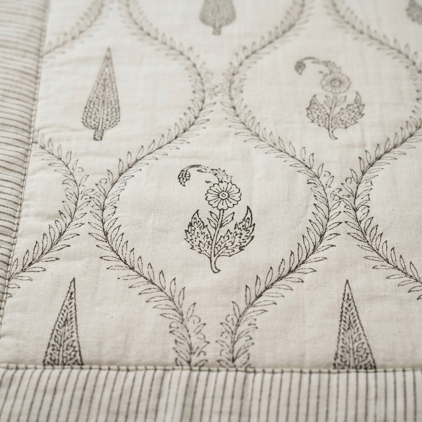 Elegant Neutral Lattice Hand Block Print Quilt