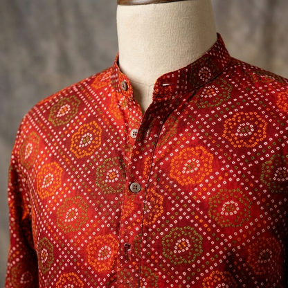 Vibrant Red Bandhani Print Men's Kurta
