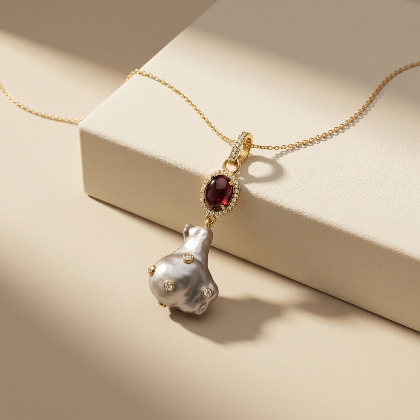 Elegant Ruby and Baroque Pearl Pendant