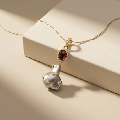 Elegant Ruby and Baroque Pearl Pendant