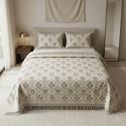 Heritage Bloom Hand-Block Khadi Bedcover Set