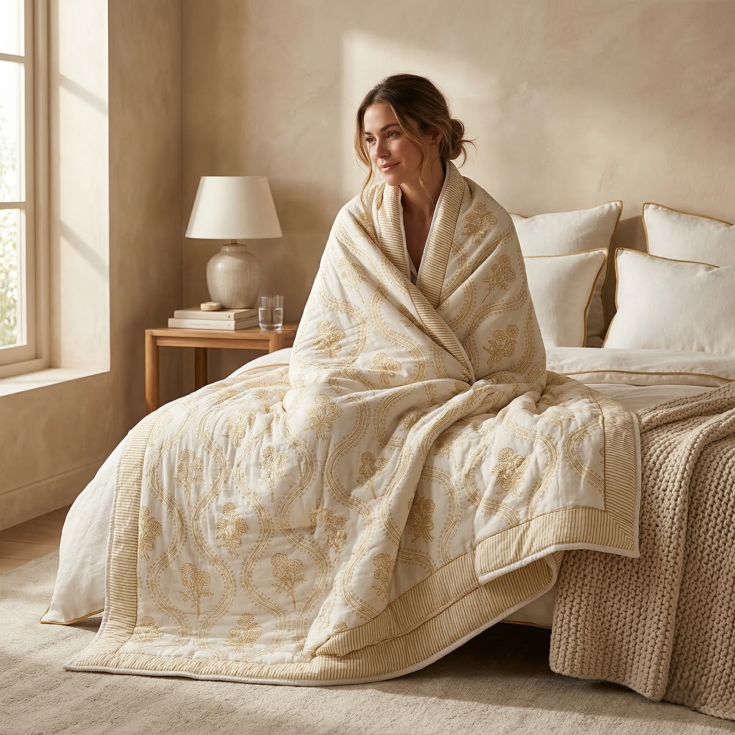 Golden Floral Lattice Cotton Block Quilt