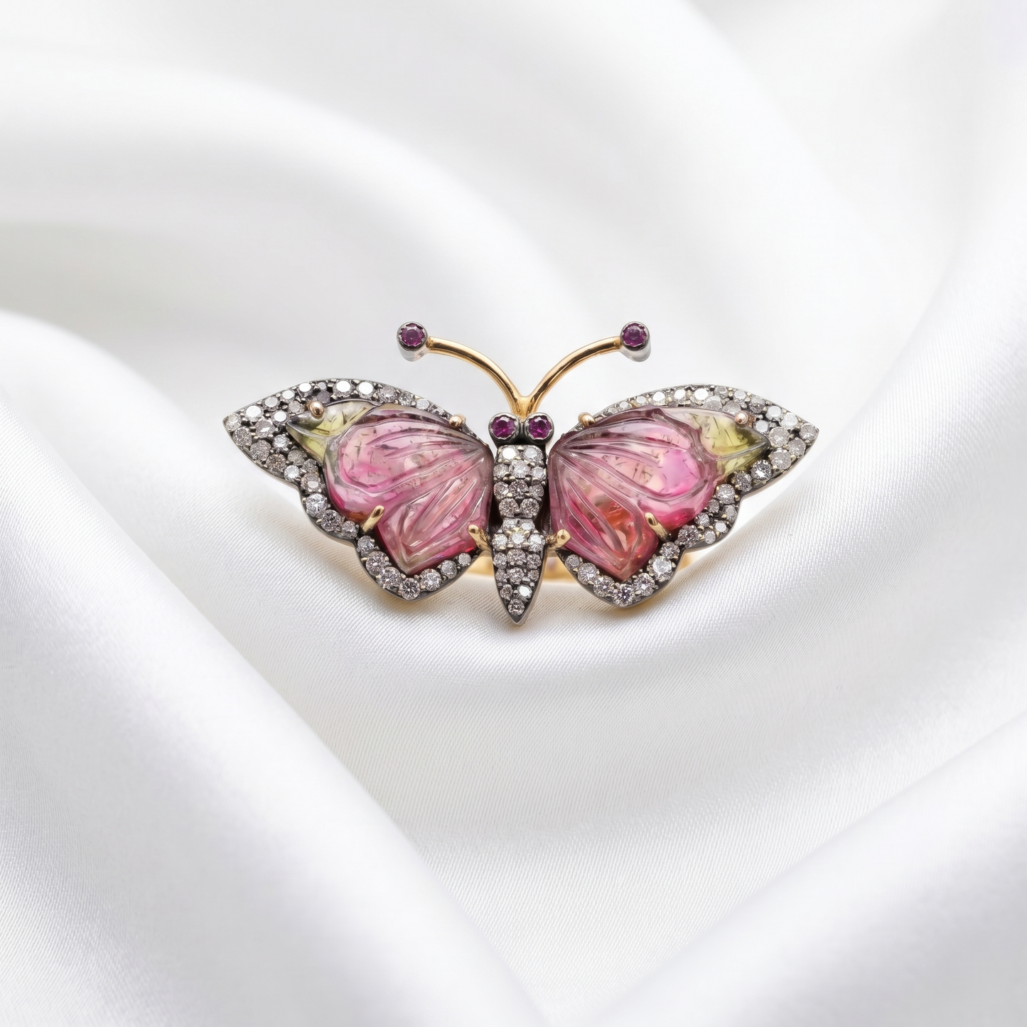 Luxury Butterfly Carved Tourmaline Gold Ring