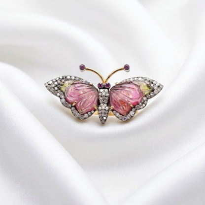 Luxury Butterfly Carved Tourmaline Gold Ring
