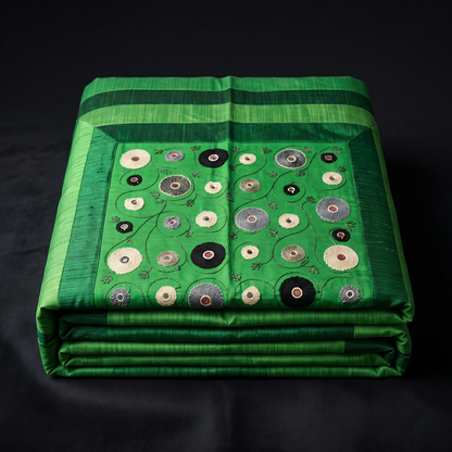 Emerald Green Geometric Handcrafted Silk Bedcover