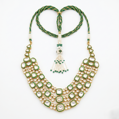 Triple-Layer Kundan Green Enamel Silver Necklace