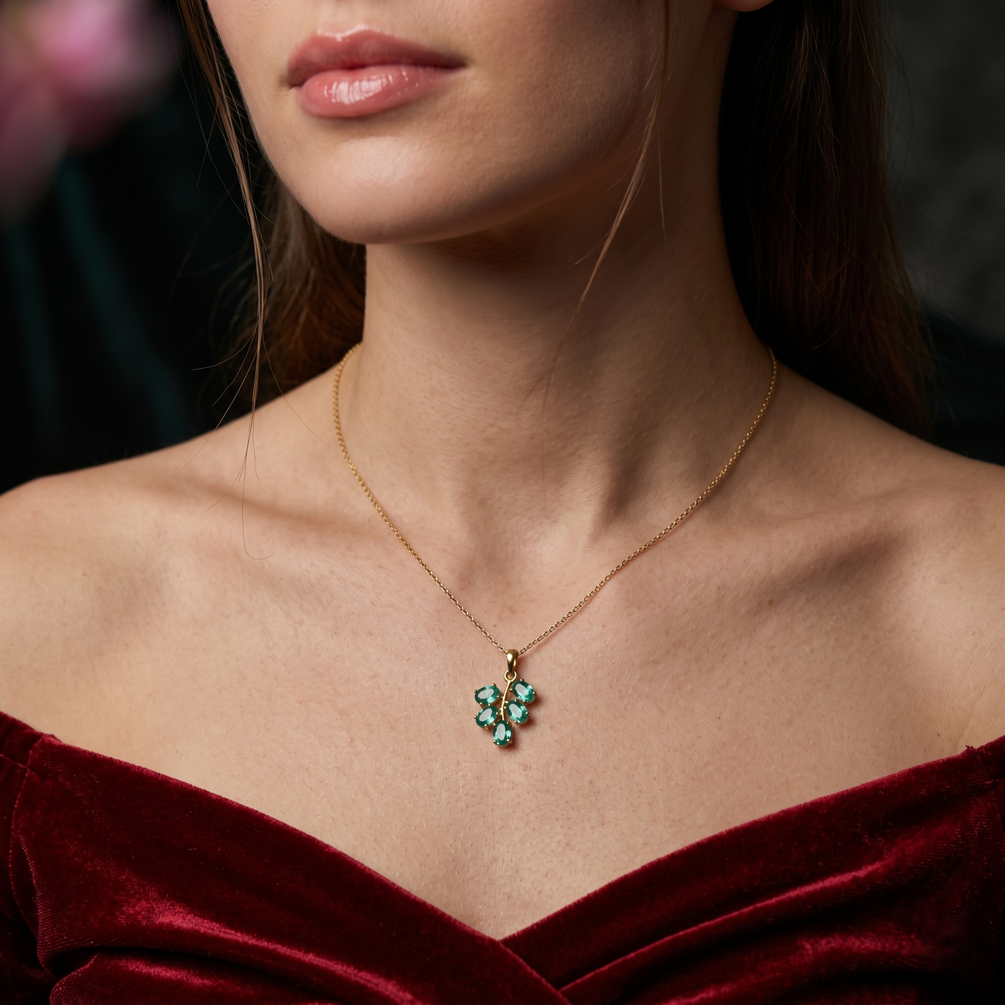 Handcrafted Silver Emerald Leaf Pendant Set