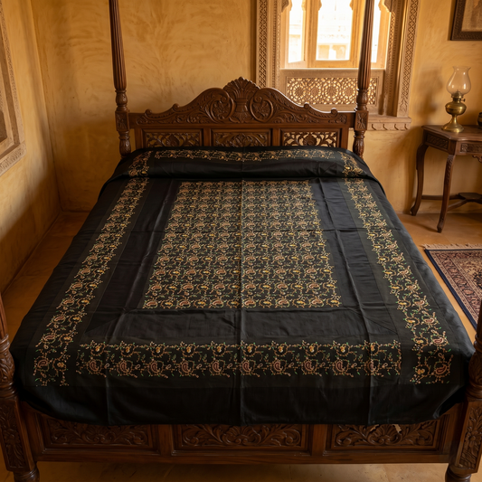 Matte Black Silk Embroidered Luxury Bedcover