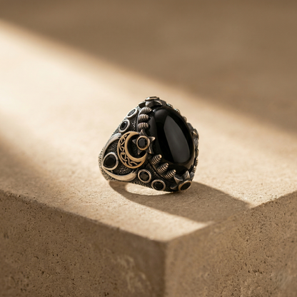 Gothic Crescent Moon Silver Onyx Ring