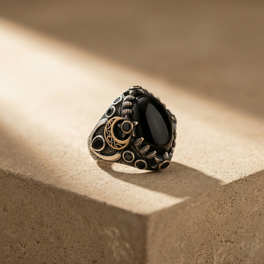 Gothic Crescent Moon Silver Onyx Ring