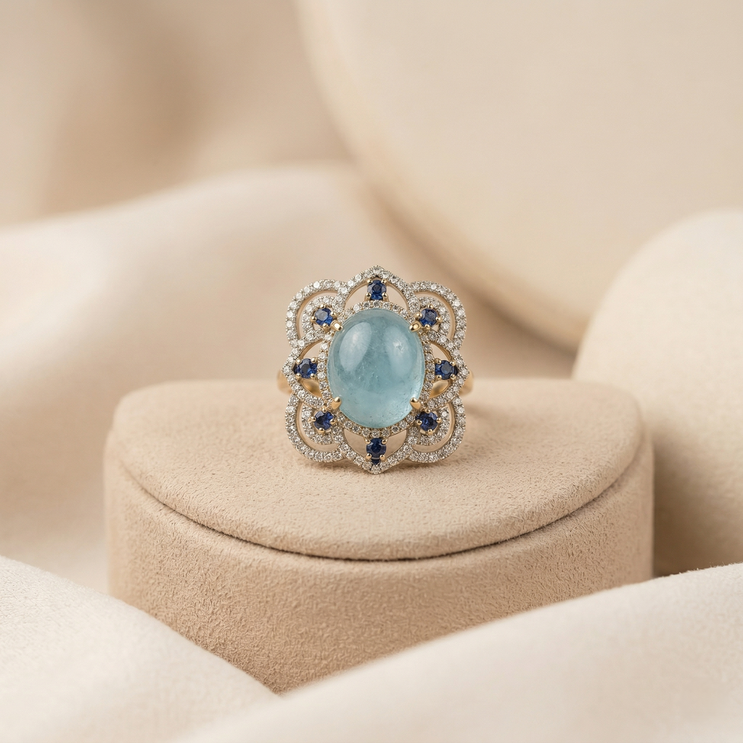 Elegant Floral Silver Aquamarine Cocktail Ring