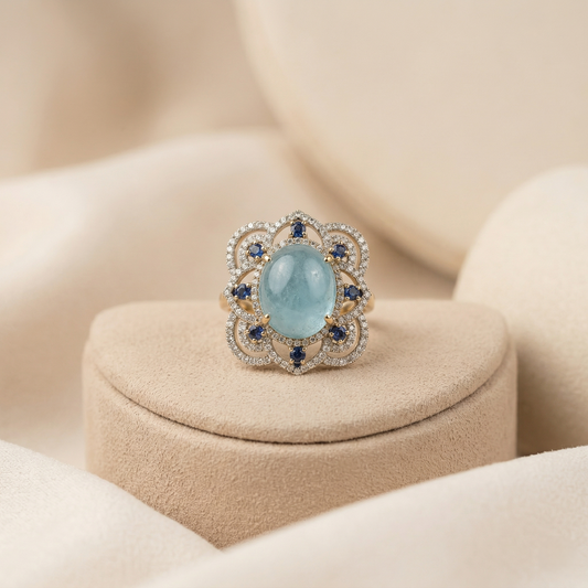Elegant Floral Silver Aquamarine Cocktail Ring