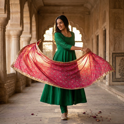 Fuchsia Bandhani Dupatta With Gota Border