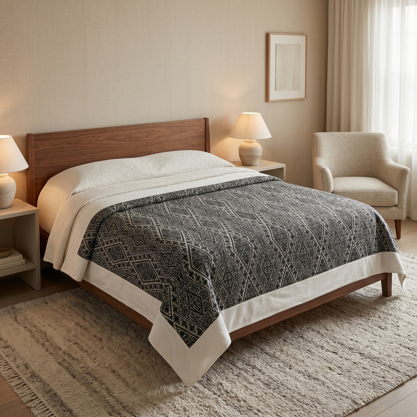 Geometric Simplicity Charcoal Handcrafted Luxury Bedcover
