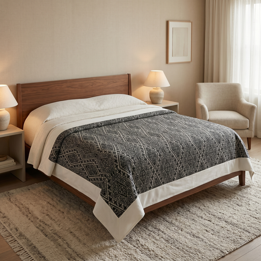 Geometric Simplicity Charcoal Handcrafted Luxury Bedcover