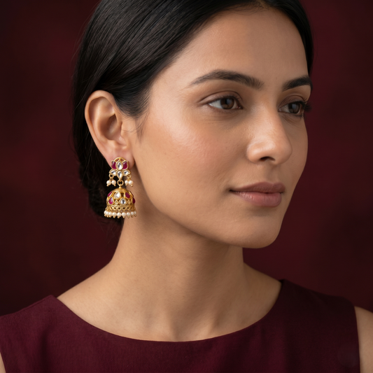 Kundan Lotus Motif Gold Plated Jhumkas