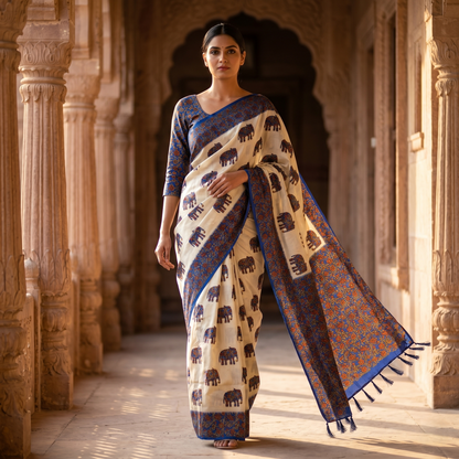 Elephants and Ajrakh Off-White Saree
