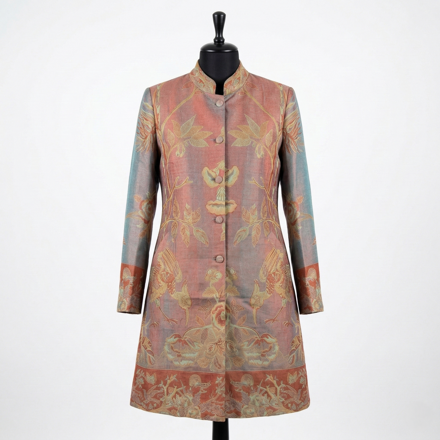 Ethereal Tapestry Silk Mandarin Collar Long Coat