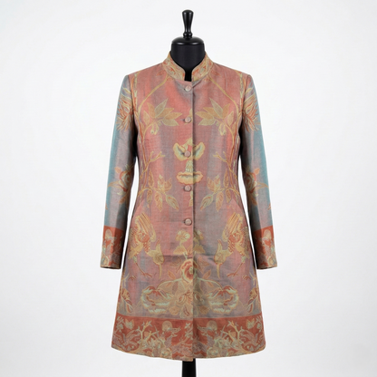 Ethereal Tapestry Silk Mandarin Collar Long Coat