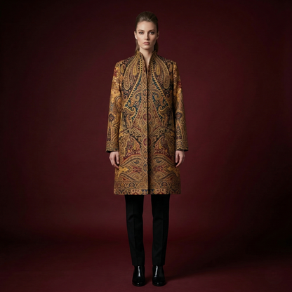 Gold Paisley Tapestry Stand Collar Coat