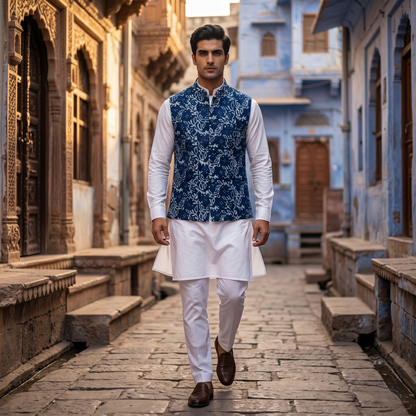 Indigo Silk Heritage Leaf Motif Waistcoat