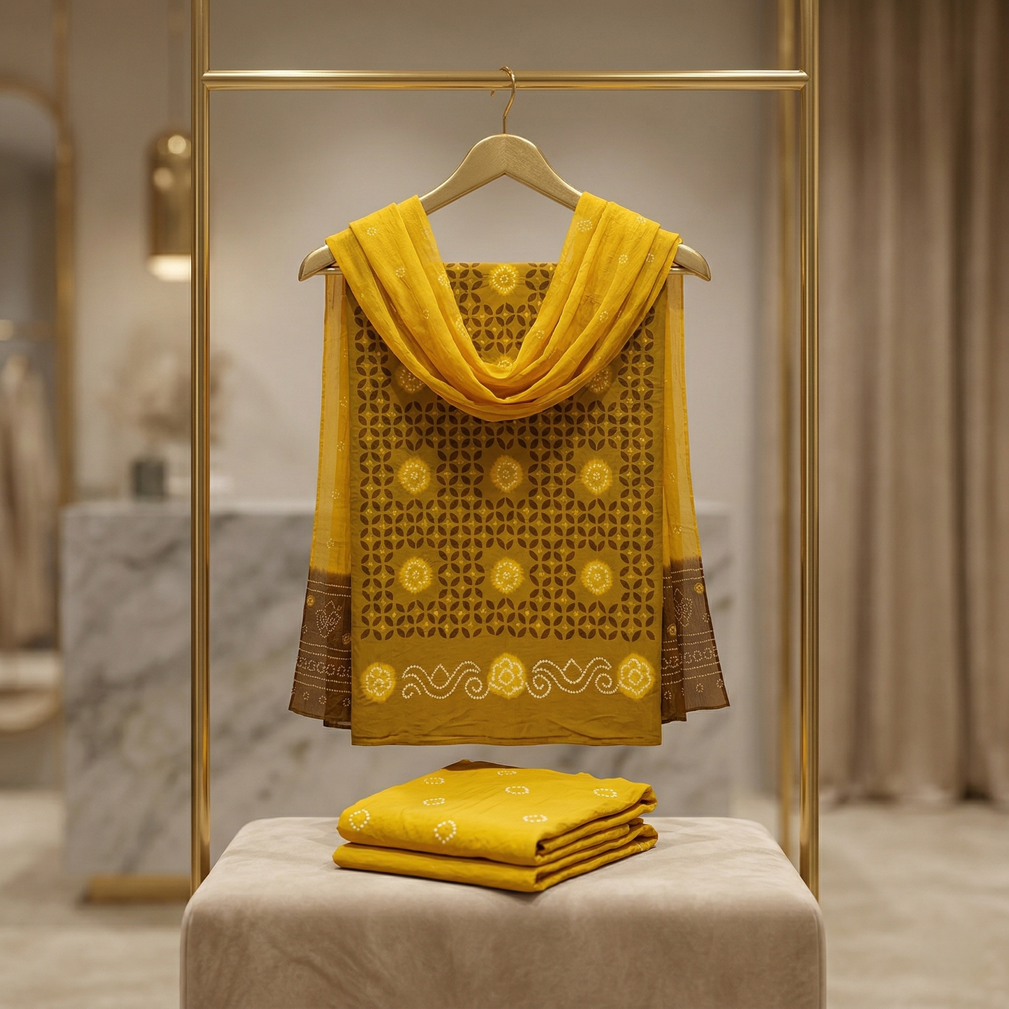 Mustard Bandhani Unstitched Cotton Suit