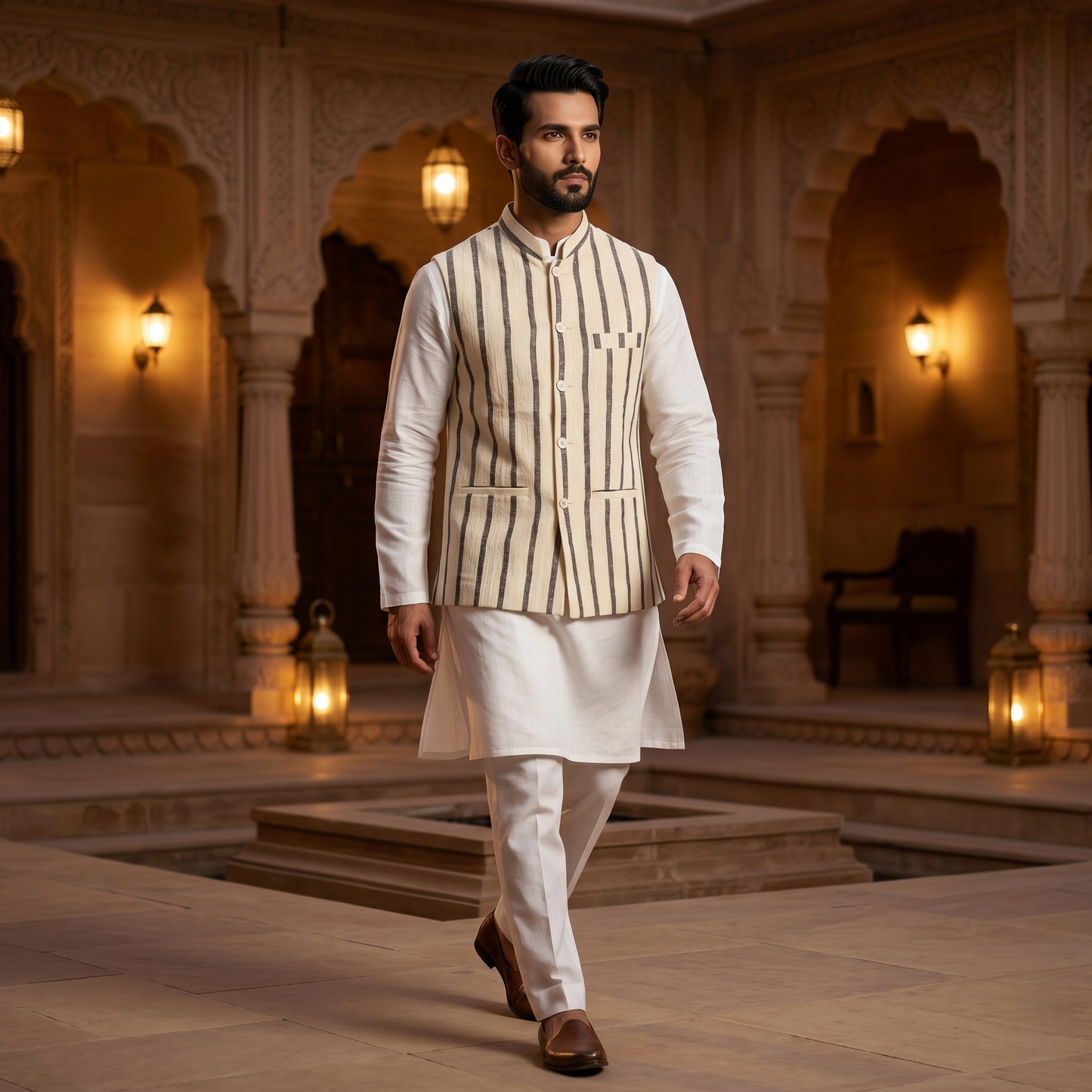 Handloomed Ivory and Charcoal Striped Waistcoat