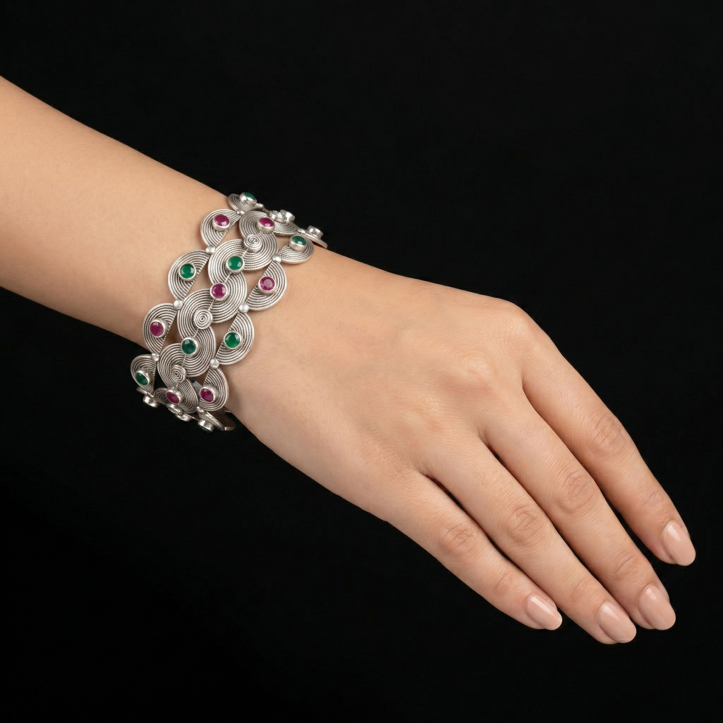 Handcrafted Silver Filigree Gemstone Cuff Kada