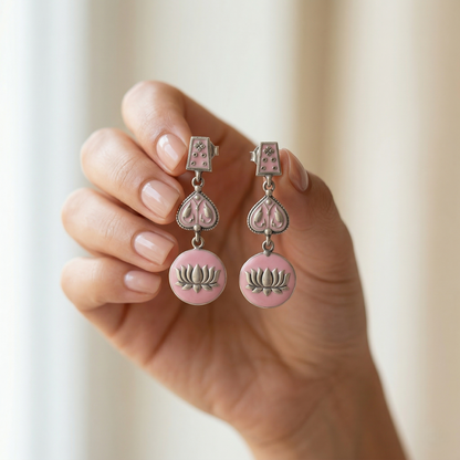 Lotus Meenakari Silver Drop Earrings