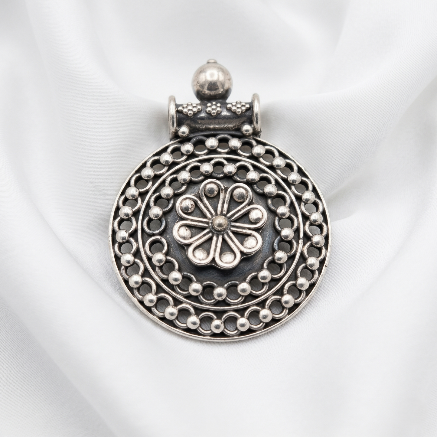 Vintage Floral Mandala Silver Artisan Pendant