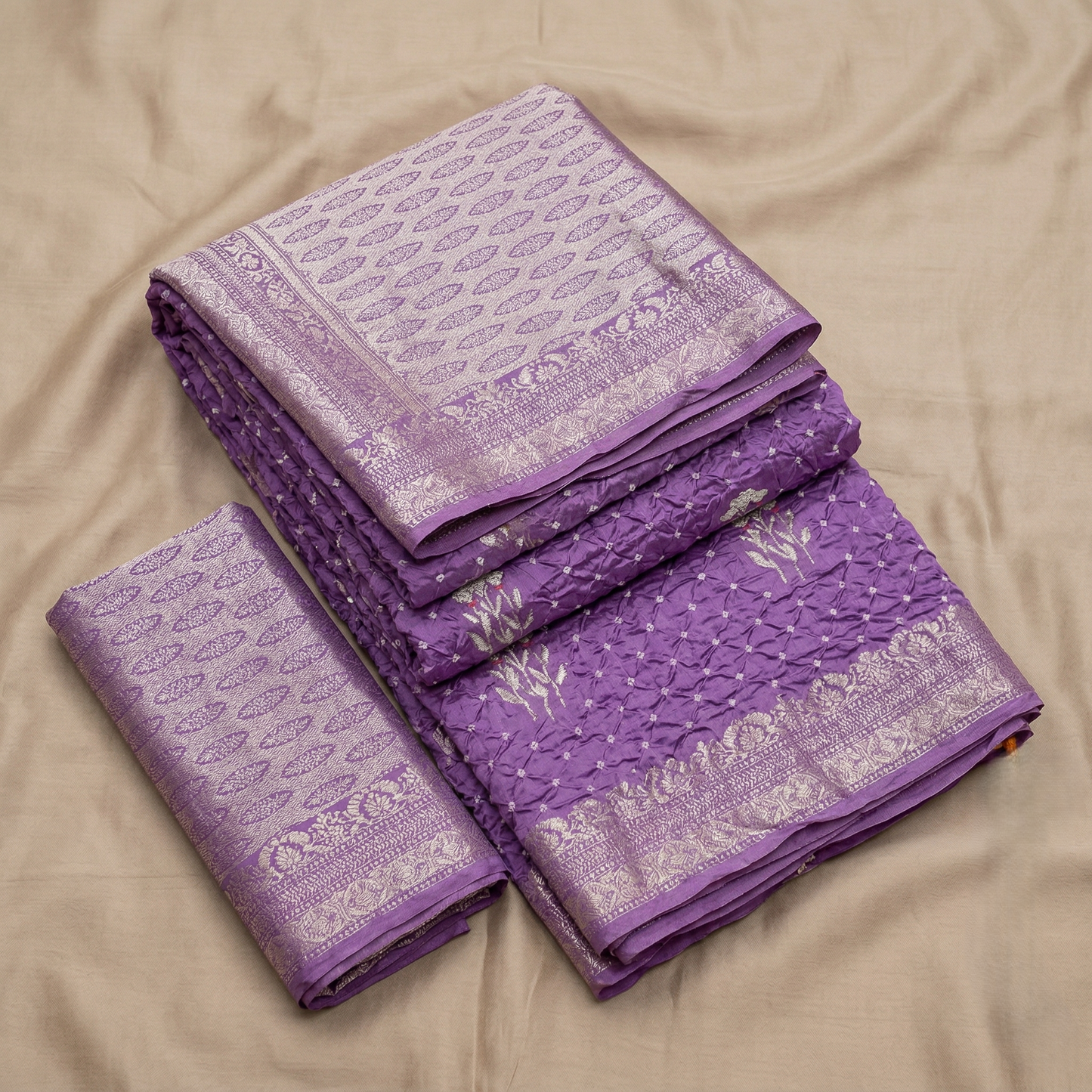 Lavender Bandhani Silk Banarasi Weave Saree
