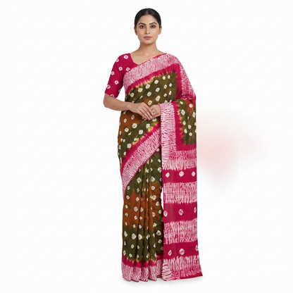Elegant Olive and Magenta Bandhani Saree