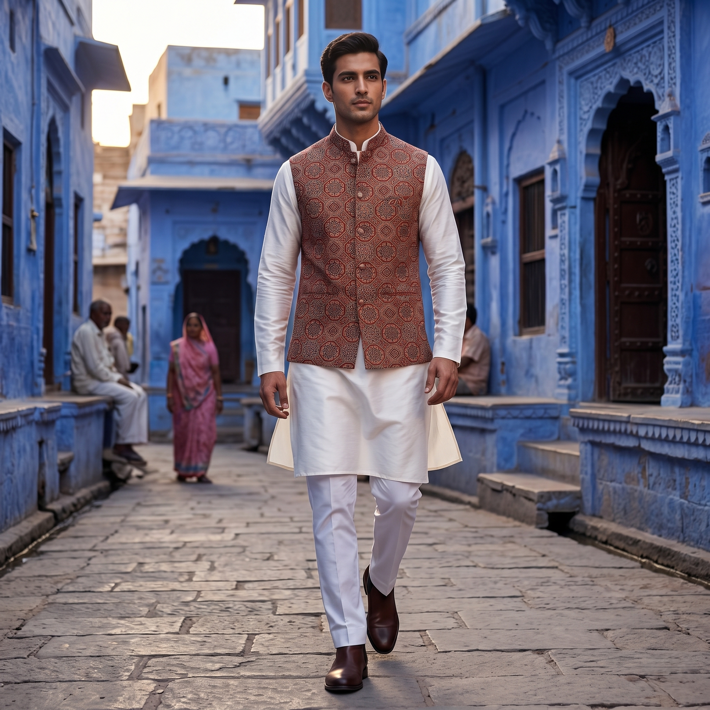 Heritage Ajrakh Print Silk Nehru Jacket