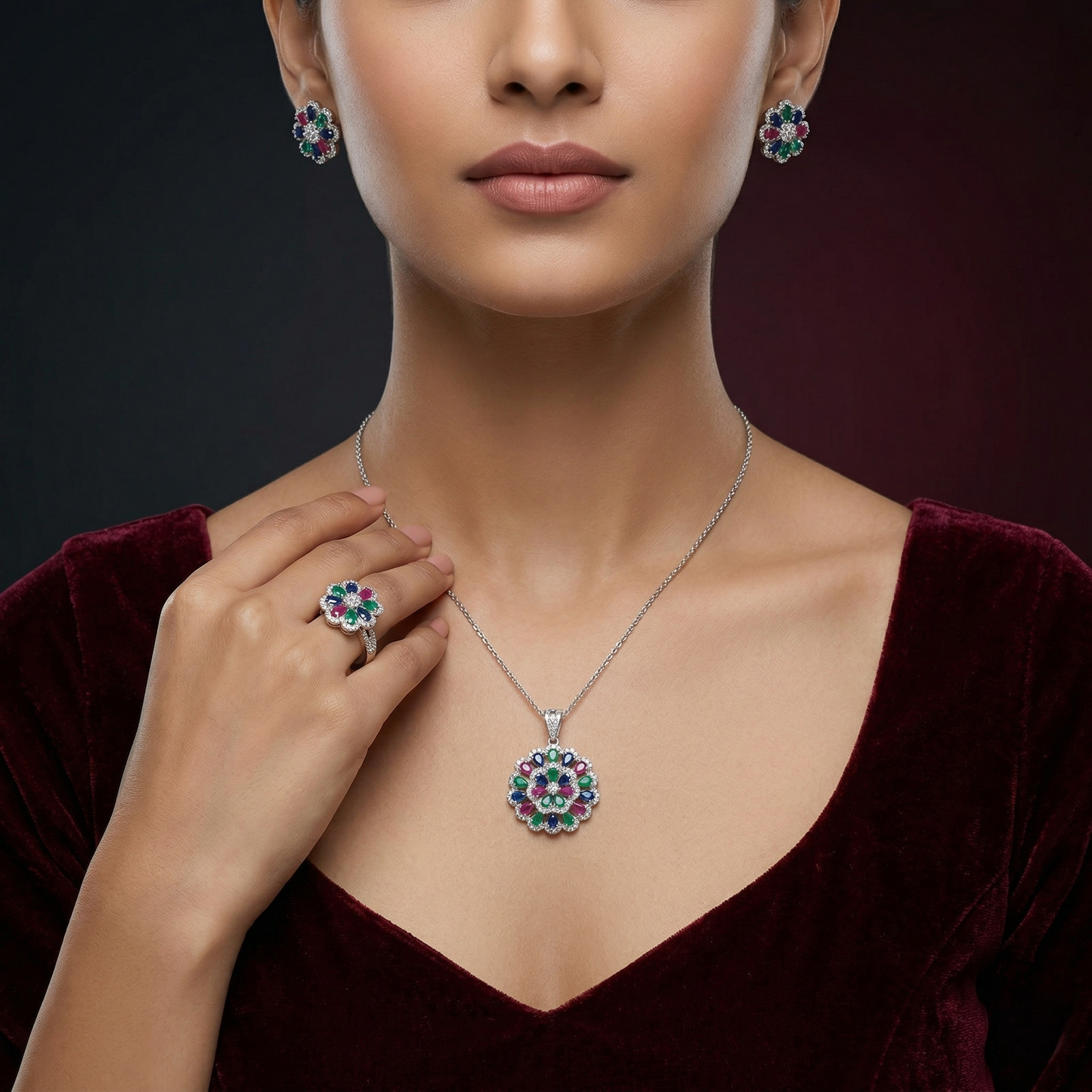 Radiant Multi-Gem Floral Silver Pendant Set