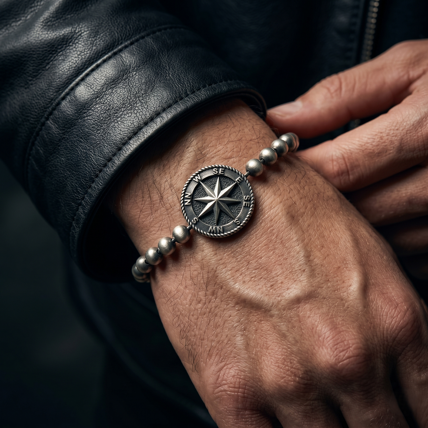 Vintage Silver Beaded Compass Rose Bracelet