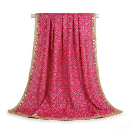 Fuchsia Bandhani Dupatta With Gota Border