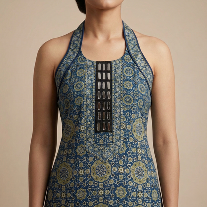 Indigo Halter Block Print Sleveless Kurti