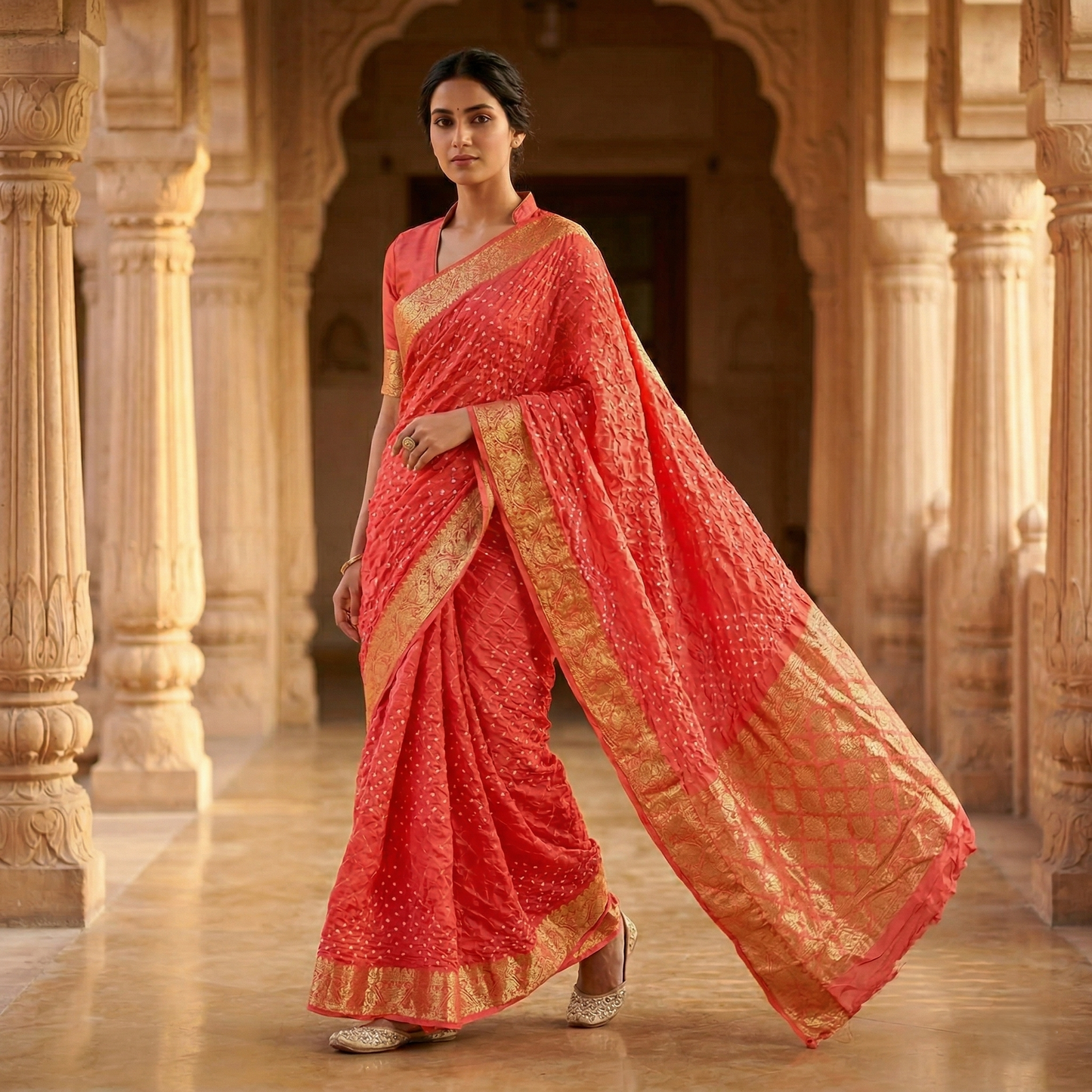 Orange Bandhani Silk Saree With Zari