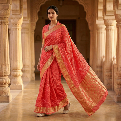 Orange Bandhani Silk Saree With Zari