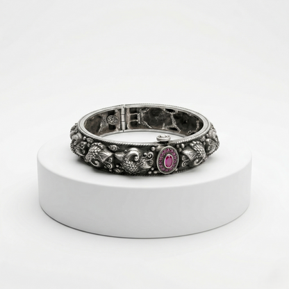 Antique Oxidized Silver Ruby Floral Kada