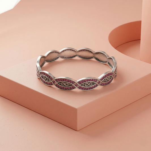 Intricate Silver Ruby-Encrusted Infinity Kada