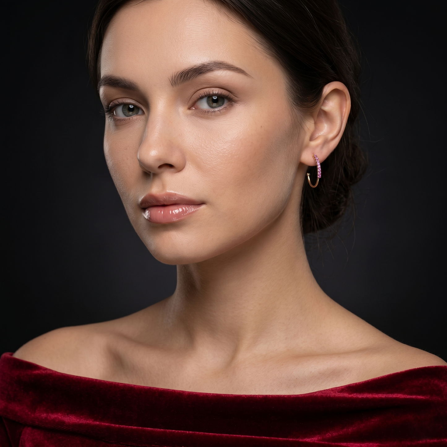 Pink Tourmaline Minimalist Gold J-Hoops