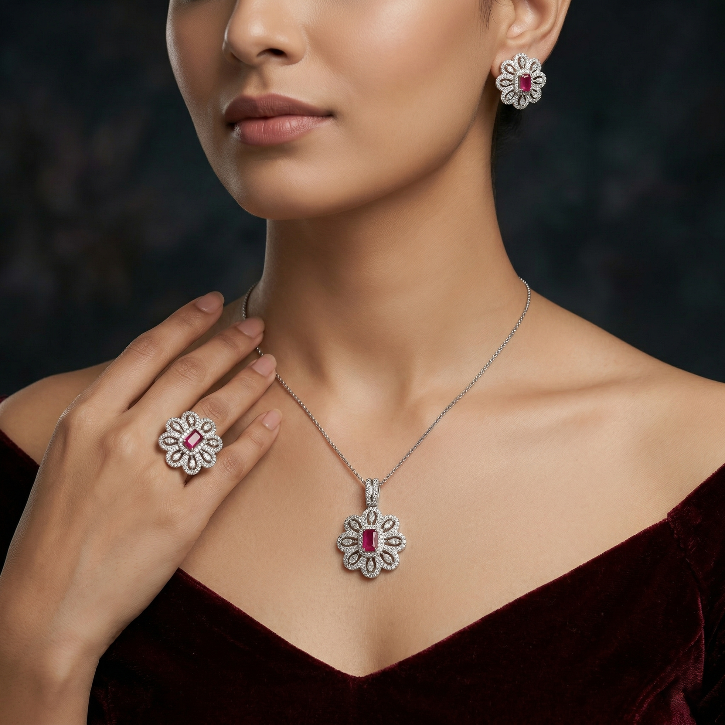 Majestic Ruby Floral Silver Jewelry Set