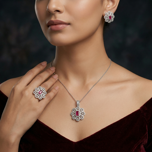 Majestic Ruby Floral Silver Jewelry Set