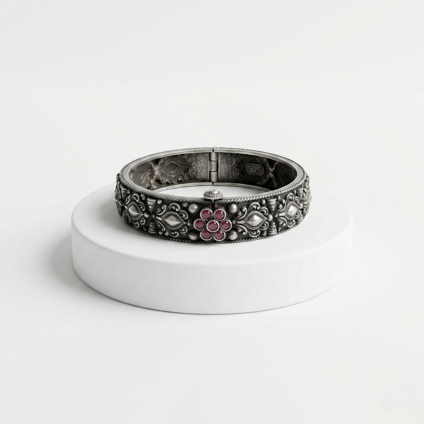 Antique Floral Silver Kada Bracelet
