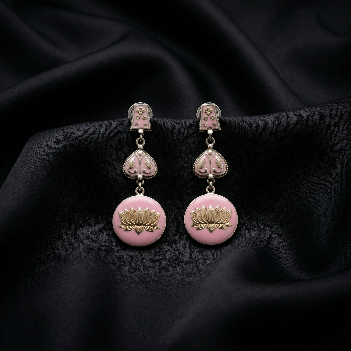 Lotus Meenakari Silver Drop Earrings