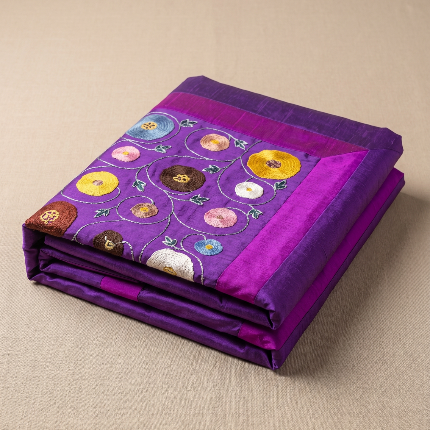 Royal Purple Silk Embroidered Floral Bedcover