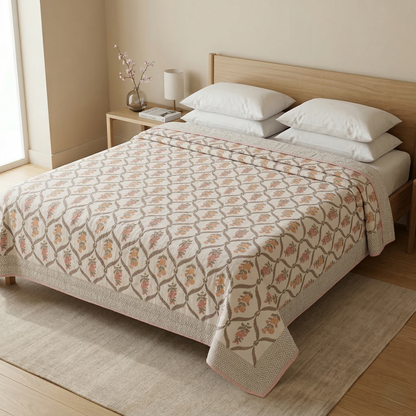 Handcrafted Floral Lattice Reversible Cotton Quilt