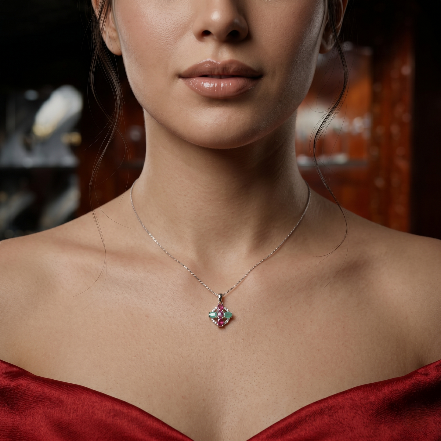 Elegant Silver Ruby & Emerald Pendant